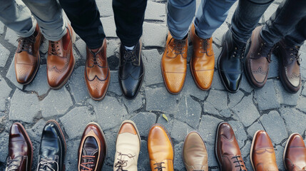 A lineup of stylish mens business shoes arranged neatly in a row, showcasing a variety of designs and colors
