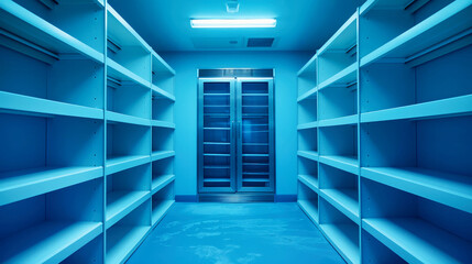 A long row of empty shelves stretches across a serene blue room, awaiting the return of frozen treasures to fill the void