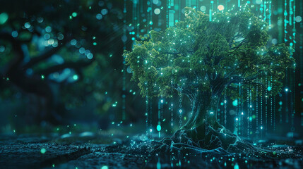 Naklejka premium A futuristic depiction of a tree morphing into a digital currency display,