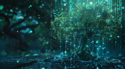 A futuristic depiction of a tree morphing into a digital currency display,