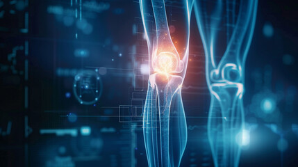A futuristic digital rendering of a knee X-ray revealing injury,