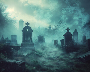 A haunting graveyard with mist swirling around ancient tombstones, - obrazy, fototapety, plakaty