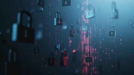 Naklejka premium A minimalist design featuring digital padlocks floating in a sea of binary code,