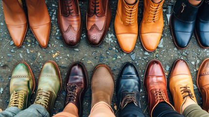 A line of sophisticated mens shoes in various styles and colors placed neatly side by side
