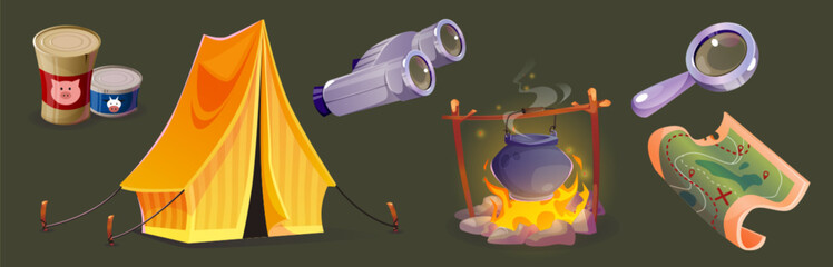 Camping tourist equipment for outdoor adventure. Cartoon vector set of hiking and eco travel gear - standing tent and pot on campfire, paper map and magnifying glass, binocular and canned food. - obrazy, fototapety, plakaty