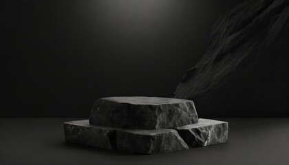 Sleek Slate: Black Stone Stage Platform for Abstract Studio Scene