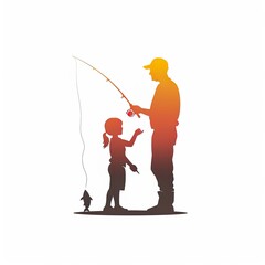 Silhouette of Father and Child Fishing Together.