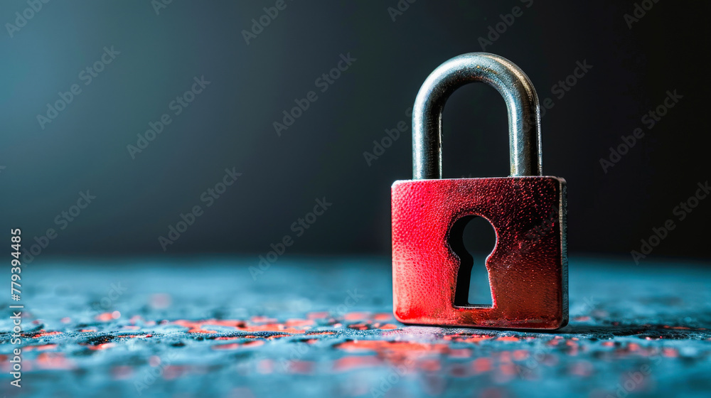 Poster a red metallic padlock with a closed shackle on a textured surface, symbolizing security or privacy.