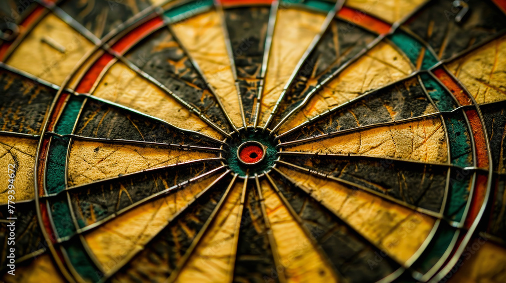 Aufkleber a well-used dartboard with visible wear, segmented into colorful scoring areas, showing the bullseye