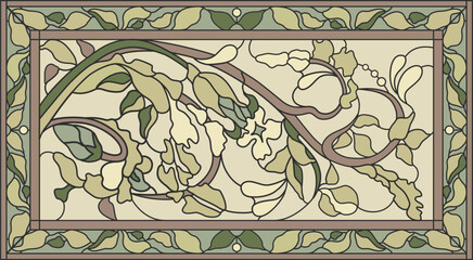 Stained-glass panel in a rectangular frame. Classic window, abstract floral arrangement of buds and leaves in the art Nouveau style. Vector - 779394618