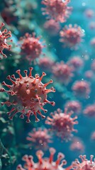 Malware detection vibrant red viruses against a calm blue background depicted with detailed 3D embossed dots