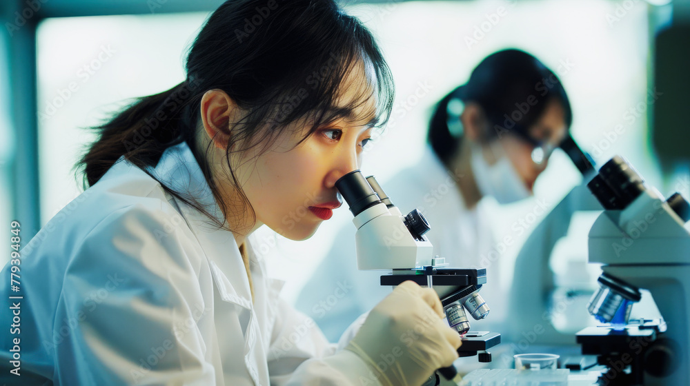 Aufkleber two scientists examining samples through microscopes in a laboratory, focused on research and discov