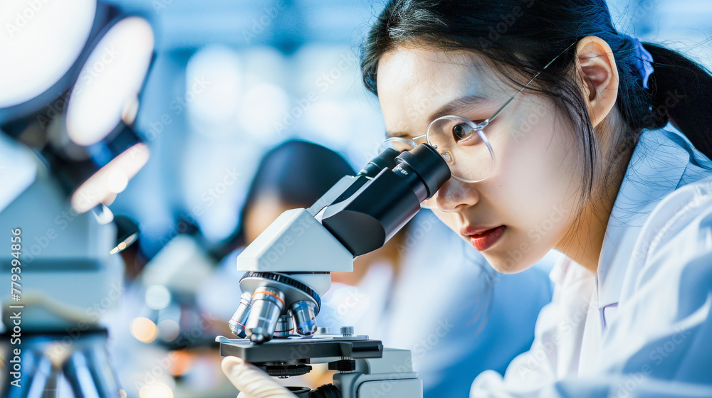 Poster a female scientist closely examining a sample using a microscope in a laboratory setting.