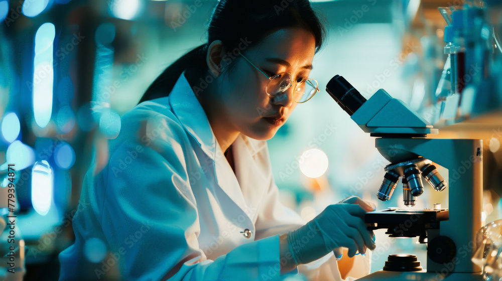 Poster female scientist examining samples under a microscope in a laboratory with equipment illuminated by 