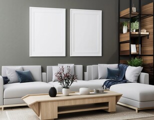 Friendly interior style in a modern living room setting. Frame and poster mockups in ISO A paper size