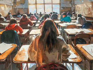 Students attentively taking notes in a sunlit classroom with large windows, capturing the essence of learning and education