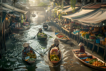Obraz premium A vibrant image of a traditional floating market in Thailand with boats laden with fresh produce