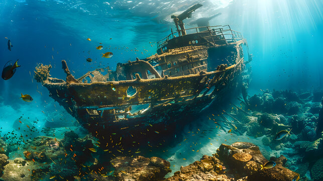 Breathtaking underwater scene with an old shipwreck teeming with fish and coral bathed in sunlight