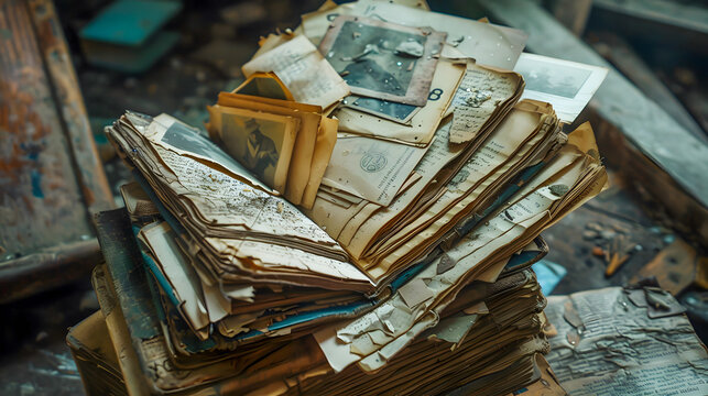 Image captures a stack of old, aged books and documents with a vintage, mysterious, and academic vibe