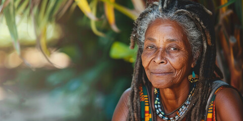 Senior mature African-American woman old lady with dreadlocks looking at the camera with a smile sitting in nature park. Lifestyle of freedom, self-expression hippies, connection with nature. - obrazy, fototapety, plakaty