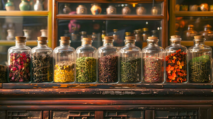 Rows of glass jars filled with various dried herbs and spices on an old wooden shelf depict natural healing and tradition - obrazy, fototapety, plakaty