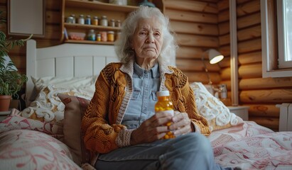 Elderly woman sitting on bed holding bottle - Powered by Adobe
