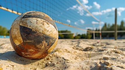 Dirty soccer ball in sand