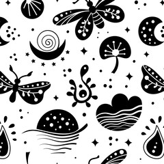 Seamless neo folk art vector pattern with butterfly, moth and flowers, black and white floral design. Neo folk style endless background perfect for textile design.