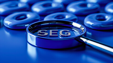 Magnifying glass focused on the term 'SEO' surrounded by scattered, blue-tinted, symbolic digital discs, representing search engine optimization concept.