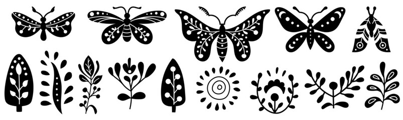 Set neo folk elements with butterfly, moth and flowers, black and white floral design.