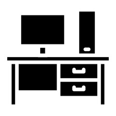 Office workspace desk icon. Computer table with folders