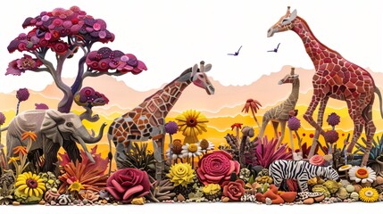 Safari at sunrise a pastel savannah background with vibrant wildlife details in 3D embossed mosaic dots