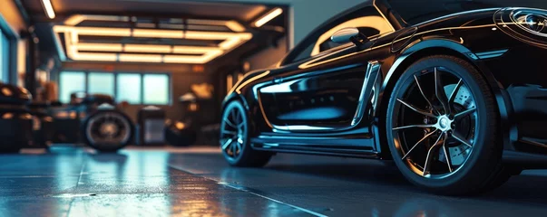 Fotobehang Capturing the sleek design and advanced technology of a luxury concept car, this close up highlights the intricate details of a parked vehicle's alloy wheel and synthetic rubber tire  © Daniela