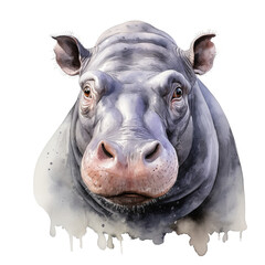 Hippo portrait watercolor clipart illustration isolated on transparent background