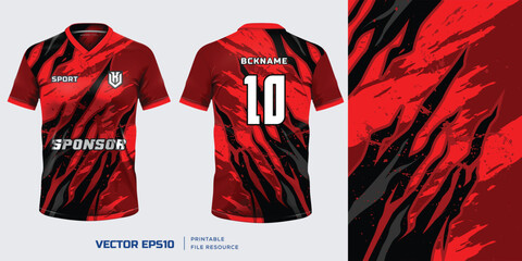 Jersey mockup template t shirt design. Abstract red pattern design for jersey soccer football kit. Front and back view. Vector eps file