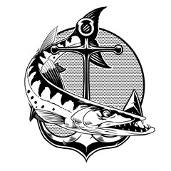 Fishing Barracuda Vintage Shirt Design in Black and White