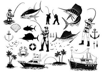 Fishing Set Illustration Hand Drawn Collection in Black and White