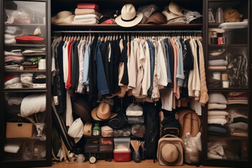 Large wardrobe with different clothes, home stuff and shoes