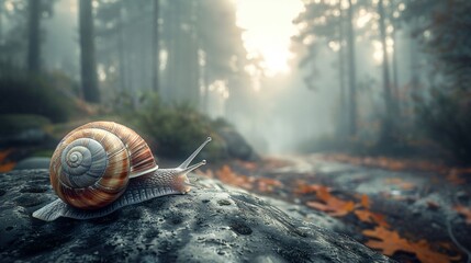 Tiny snail against a vast moist forest background a minimalist portrayal of scale and survival - obrazy, fototapety, plakaty