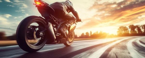 Poster Motorbike rider in sunset light riding with high speed against motion blured background © Daniela