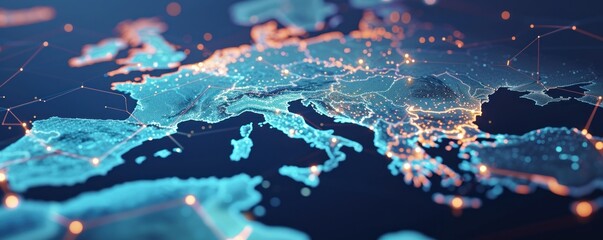 Western Europe in blue digital data map. Global communication network theme