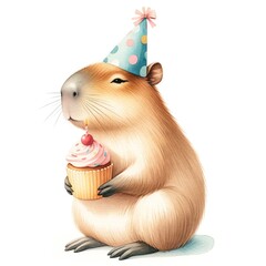 A delightful watercolor illustration of a festive capybara in a party hat, cheerfully holding a birthday cupcake, embodying joy and celebration.