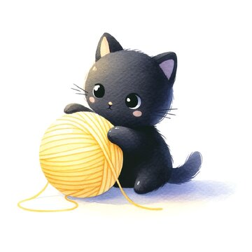 Minimalist watercolor of a cute black kitten enjoying a playful moment with a yellow yarn ball.