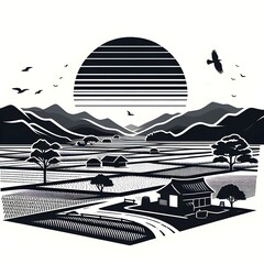 Country scenery, my hometown, warm feeling, logo feeling, rice paddies and fields against a white background, trees, sun, black silhouettes, Generative AI 