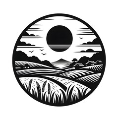 Country scenery, my hometown, warm feeling, logo feeling, rice paddies and fields against a white background, trees, sun, black silhouettes, Generative AI 
