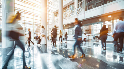Business workplace with people walking  in blurred motion