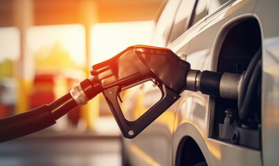 Close-up photo of a car filling up with gas at a gas station, refueling - obrazy, fototapety, plakaty
