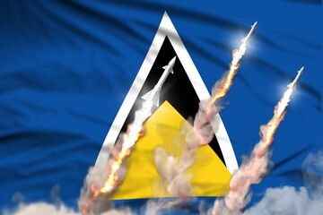 Modern strategic rocket forces concept on flag fabric background, Saint Lucia supersonic warhead attack - military industrial 3D illustration, nuke with flag
