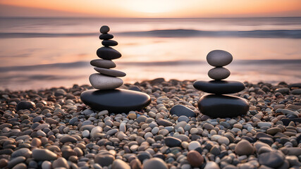 Pyramid of stones on the beach at sunset beautiful seascape rest and seaside vacation concept
