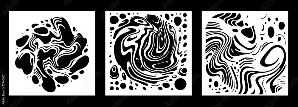 Poster set of zentangle doodle textures in black and white colors. vector abstract backgrounds.